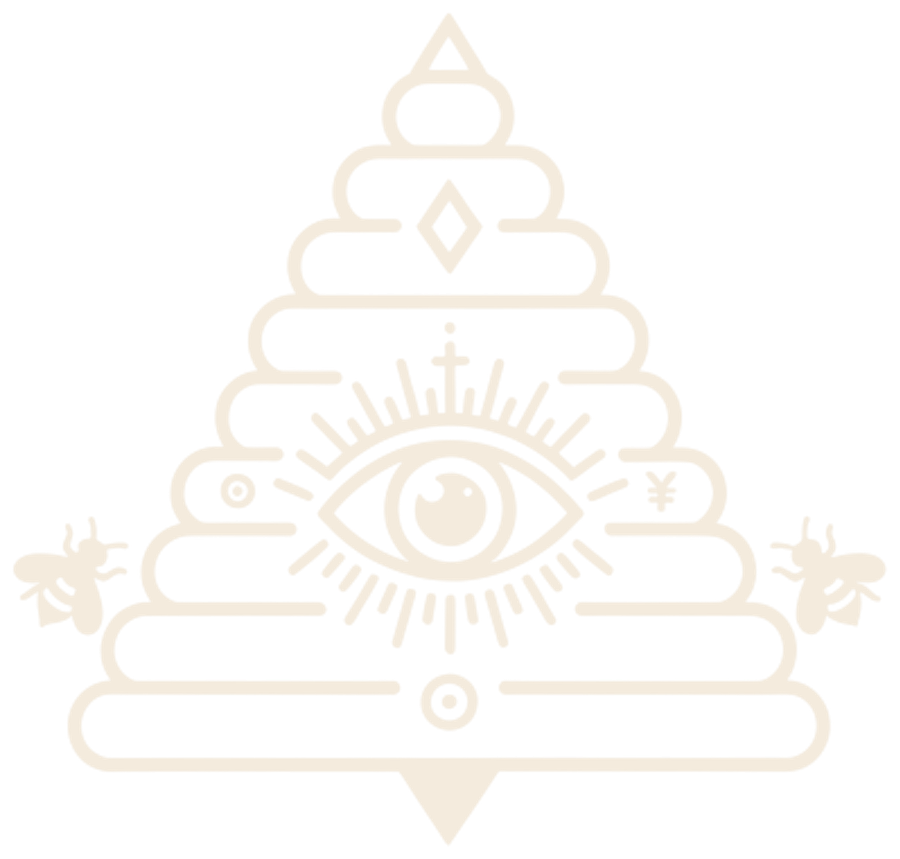 Beehive Media Cult emblem: an all-seeing eye inside a stepped beehive, flanked by two bees